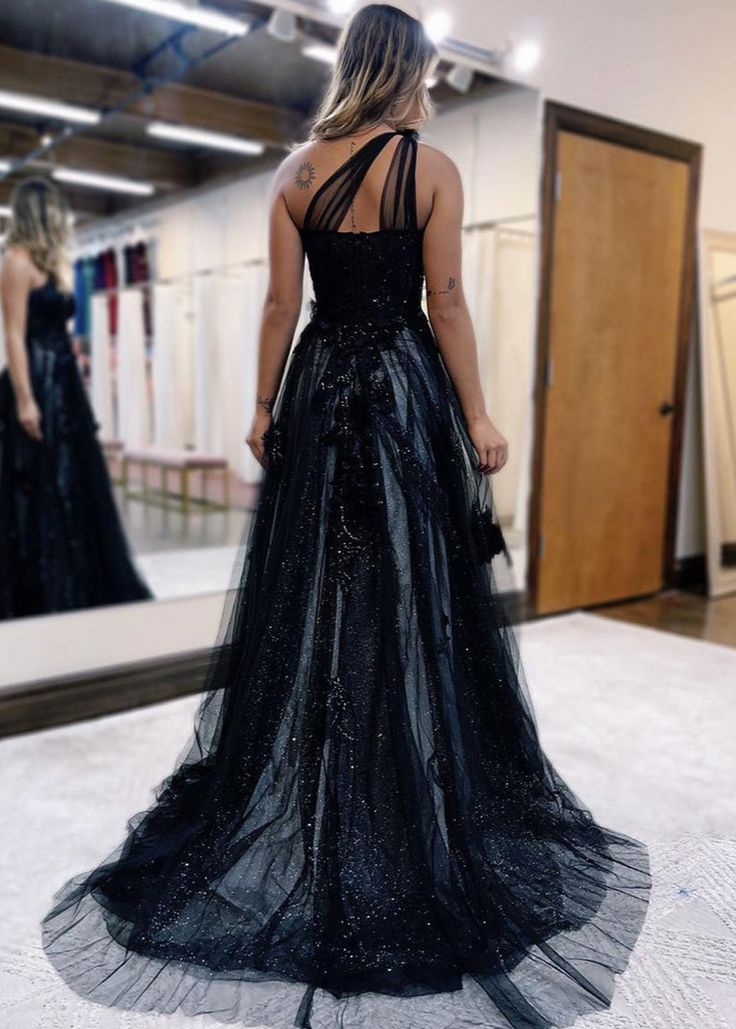 Vestido de fiesta negro de tul con encaje y un solo hombro, corte A, vestido de noche largo negro ED0676