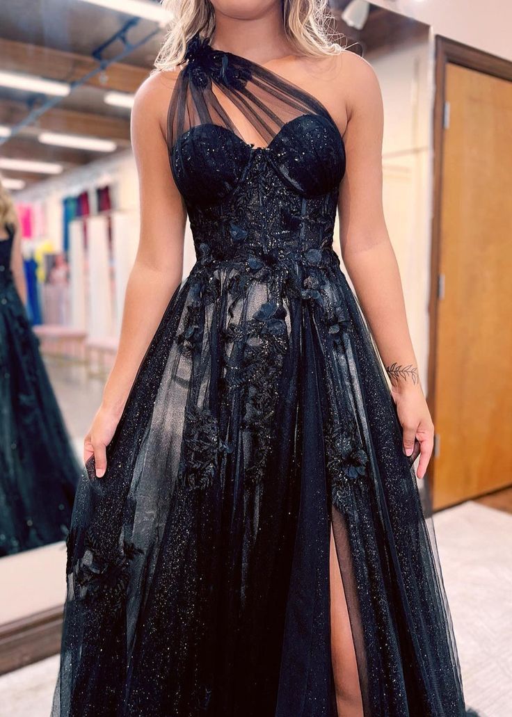 Vestido de fiesta negro de tul con encaje y un solo hombro, corte A, vestido de noche largo negro ED0676