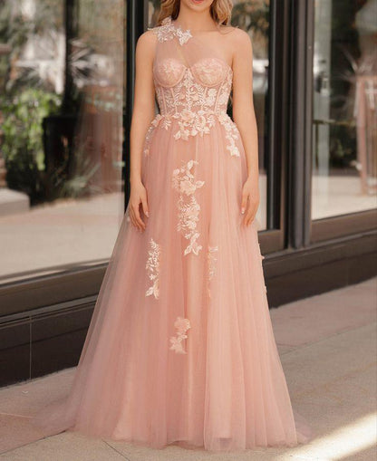 Vestido de fiesta negro de tul con encaje y un solo hombro, corte A, vestido de noche largo negro ED0676