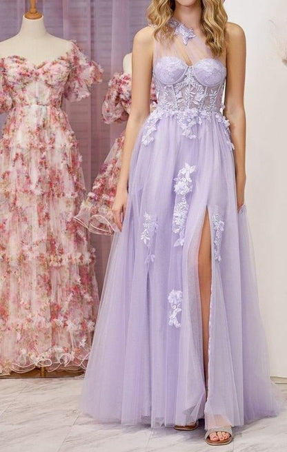 Vestido de fiesta negro de tul con encaje y un solo hombro, corte A, vestido de noche largo negro ED0676