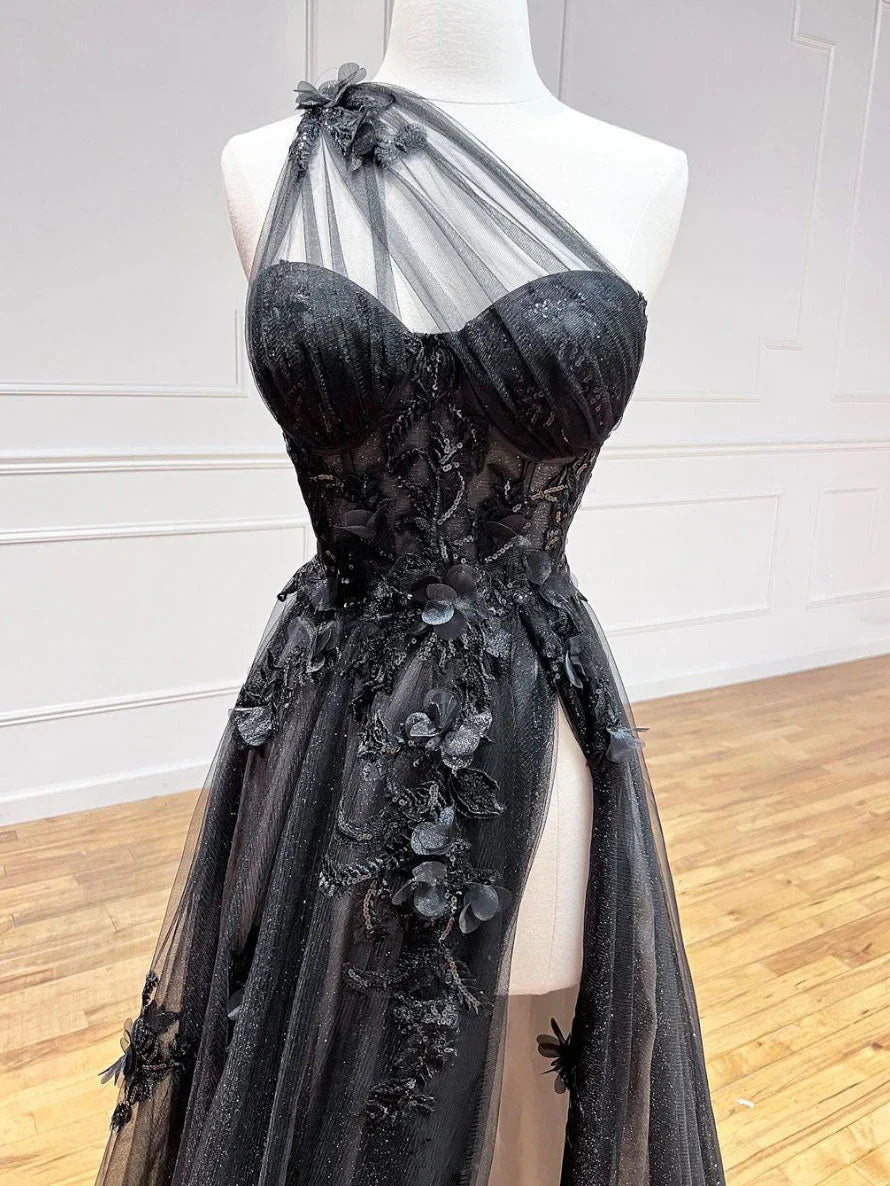 Vestido de fiesta negro de tul con encaje y un solo hombro, corte A, vestido de noche largo negro ED0676