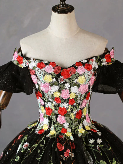 Vestido de fiesta largo de tul con encaje y hombros descubiertos, color negro, para quinceañeras, ED0679