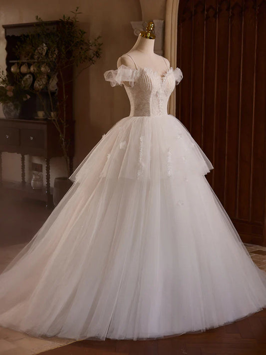 Vestido de fiesta largo de tul con encaje y hombros descubiertos, blanco, para novia, ED068