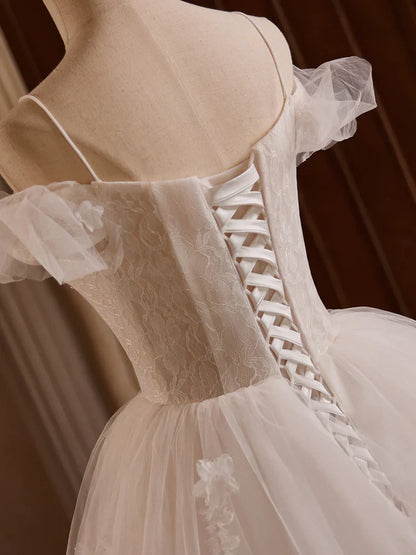 Vestido de fiesta largo de tul con encaje y hombros descubiertos, blanco, para novia, ED068