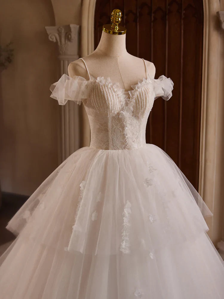 Vestido de fiesta largo de tul con encaje y hombros descubiertos, blanco, para novia, ED068