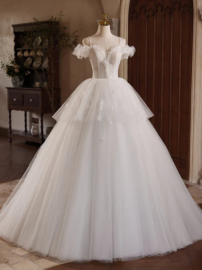 Vestido de fiesta largo de tul con encaje y hombros descubiertos, blanco, para novia, ED068