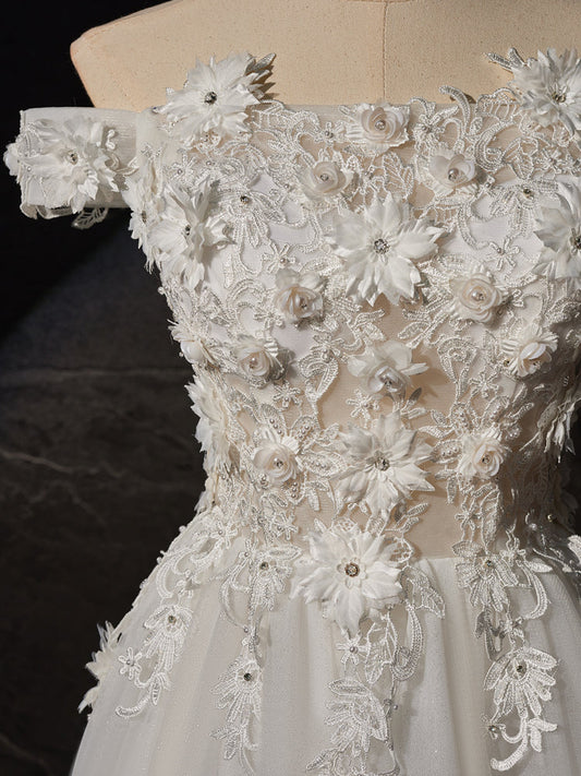 Vestido de fiesta largo de tul con encaje y hombros descubiertos, corte A, blanco, ED0680