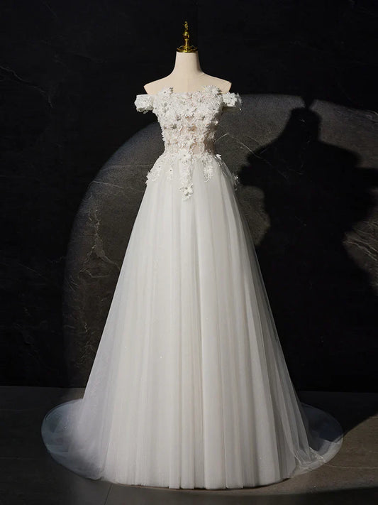 Vestido de fiesta largo de tul con encaje y hombros descubiertos, corte A, blanco, ED0680