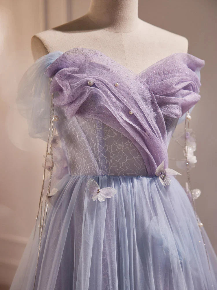 Vestido de fiesta largo de tul morado, corte A, hombros descubiertos, ED0681