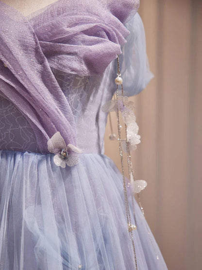 Vestido de fiesta largo de tul morado, corte A, hombros descubiertos, ED0681