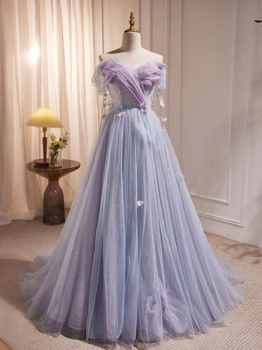 Vestido de fiesta largo de tul morado, corte A, hombros descubiertos, ED0681