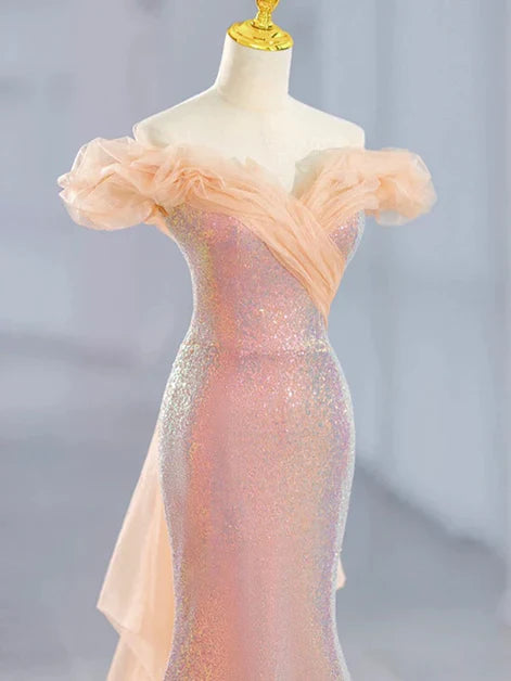 Lovely Mermaid Tulle Off Shoulder Sweetheart Party Dress, Sequins Prom Dress  ED0684
