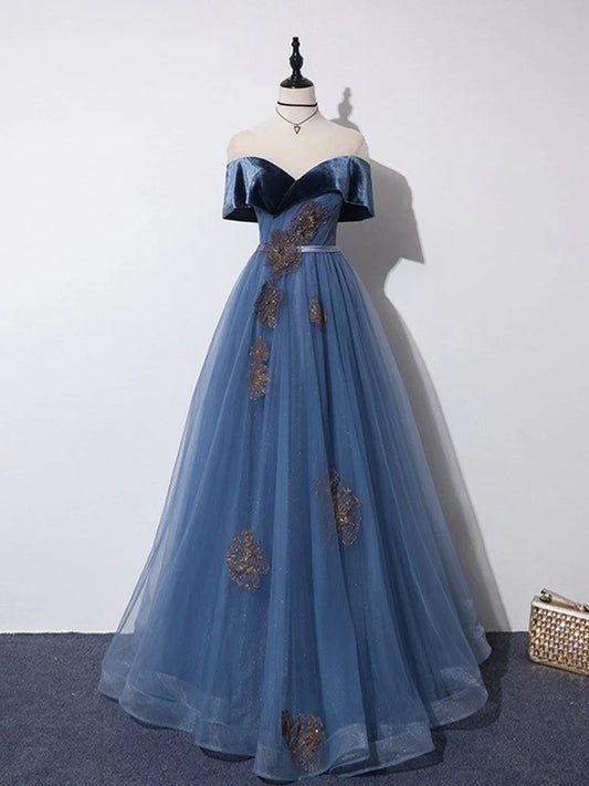 Gray Blue A-Line Tulle Long Prom Dress, Gray Blue Long Formal Dress ED0688