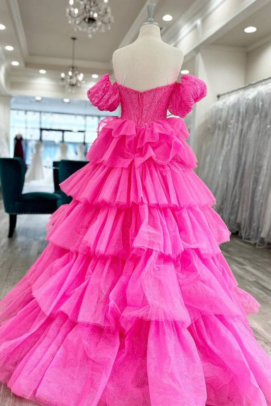 A-Line Hot Pink Tulle Lace Sweetheart Long Layered Prom Dress ED0695