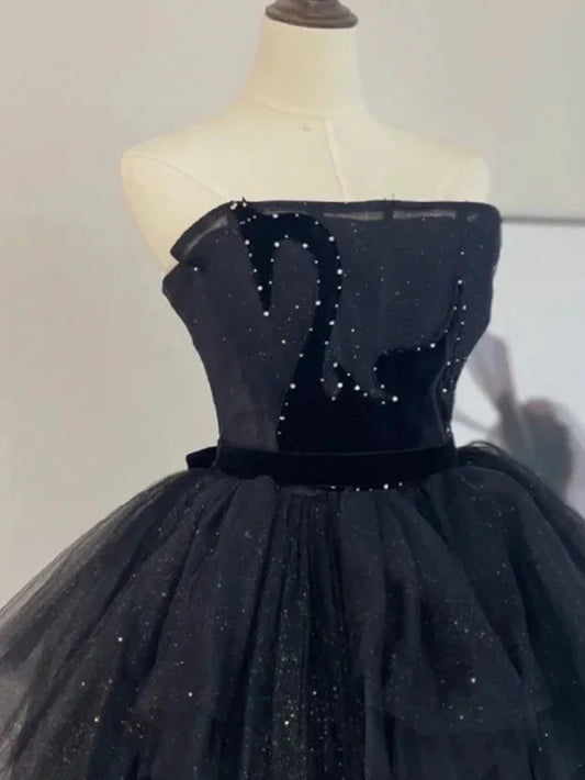 Vestido de fiesta largo de tul negro con corte en A, vestido de noche formal negro ED0699