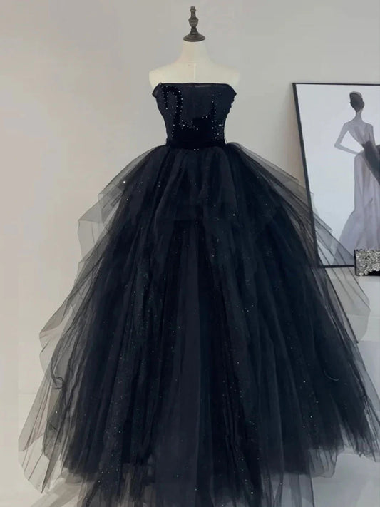 Vestido de fiesta largo de tul negro con corte en A, vestido de noche formal negro ED0699