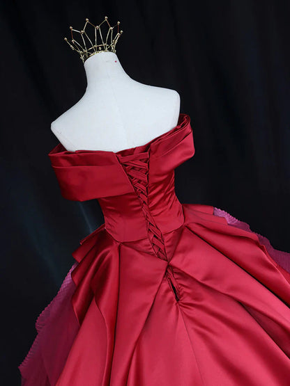 Vestido largo de fiesta de tul satinado con hombros descubiertos en rojo, vestido de noche largo rojo ED0701