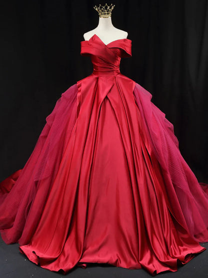 Vestido largo de fiesta de tul satinado con hombros descubiertos en rojo, vestido de noche largo rojo ED0701