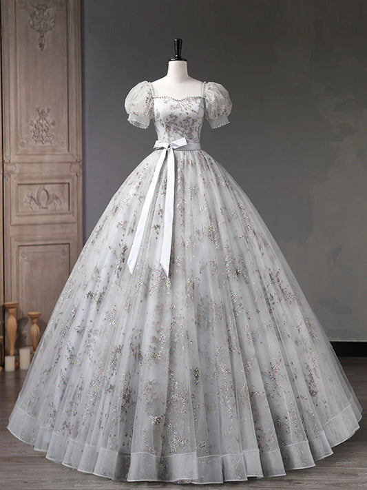 Gray A-Line Tulle Sequin Long Prom Dress, Gray Formal Evening Dresses ED0702