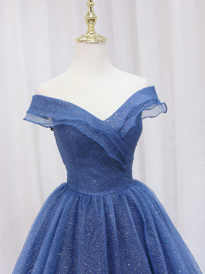 Vestido de fiesta largo de tul azul oscuro con corte en A, vestido de noche formal azul ED0703
