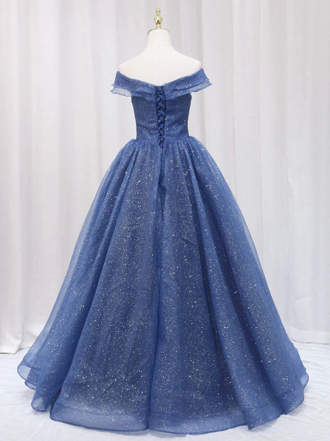 Vestido de fiesta largo de tul azul oscuro con corte en A, vestido de noche formal azul ED0703