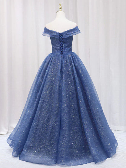 Vestido de fiesta largo de tul azul oscuro con corte en A, vestido de noche formal azul ED0703