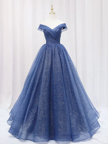 Vestido de fiesta largo de tul azul oscuro con corte en A, vestido de noche formal azul ED0703