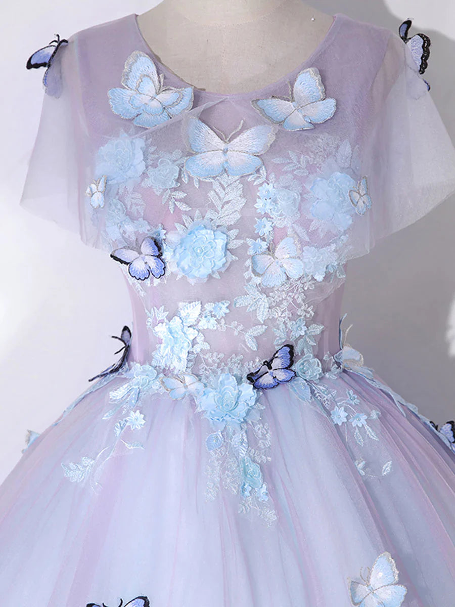 A-Line Round Neck Tulle Lace Purple Long Prom Dress, Purple Formal Dress ED0704
