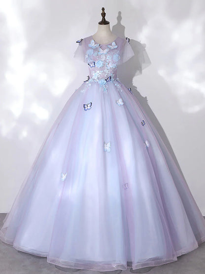 A-Line Round Neck Tulle Lace Purple Long Prom Dress, Purple Formal Dress ED0704