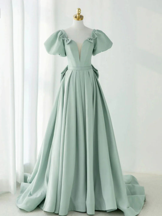 Vestidos de fiesta largos de satén verde con corte en A, vestidos de noche formales verdes ED0705