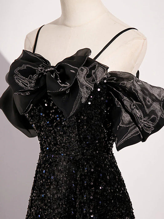 Vestido de fiesta largo negro de terciopelo con lentejuelas y hombros descubiertos, corte A, vestido de noche largo negro ED0707