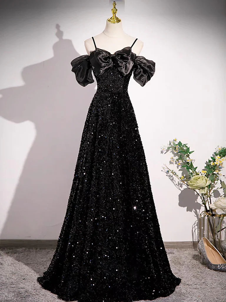Vestido de fiesta largo negro de terciopelo con lentejuelas y hombros descubiertos, corte A, vestido de noche largo negro ED0707