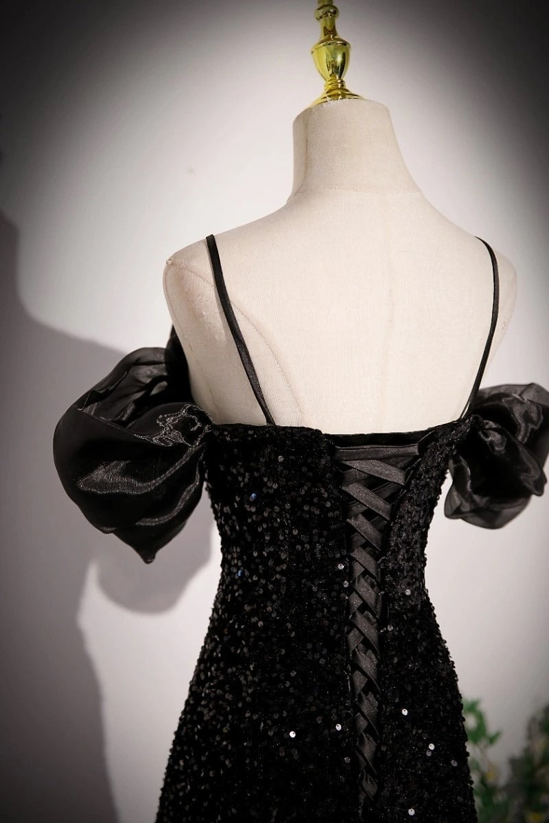 Vestido de fiesta largo negro de terciopelo con lentejuelas y hombros descubiertos, corte A, vestido de noche largo negro ED0707