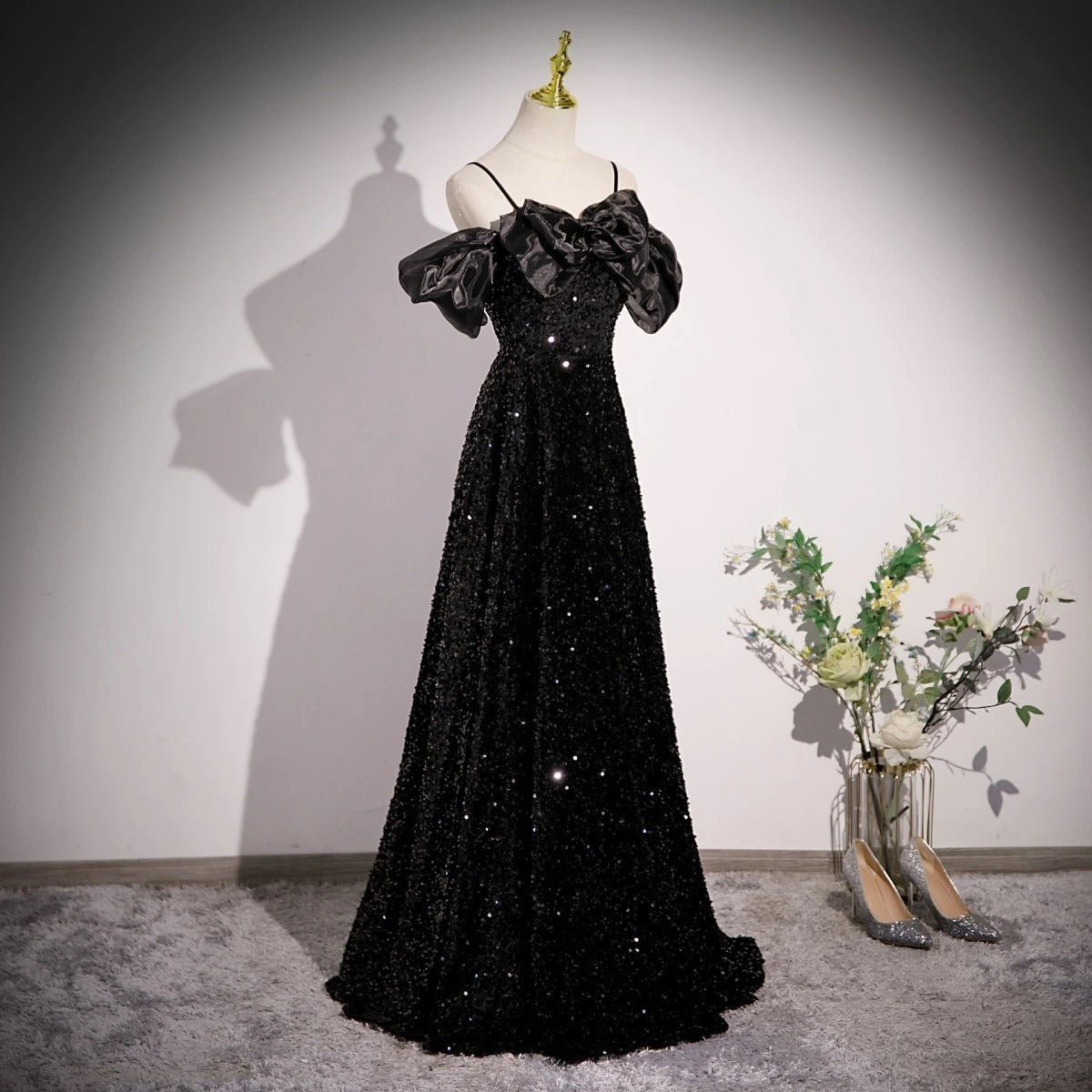 Vestido de fiesta largo negro de terciopelo con lentejuelas y hombros descubiertos, corte A, vestido de noche largo negro ED0707