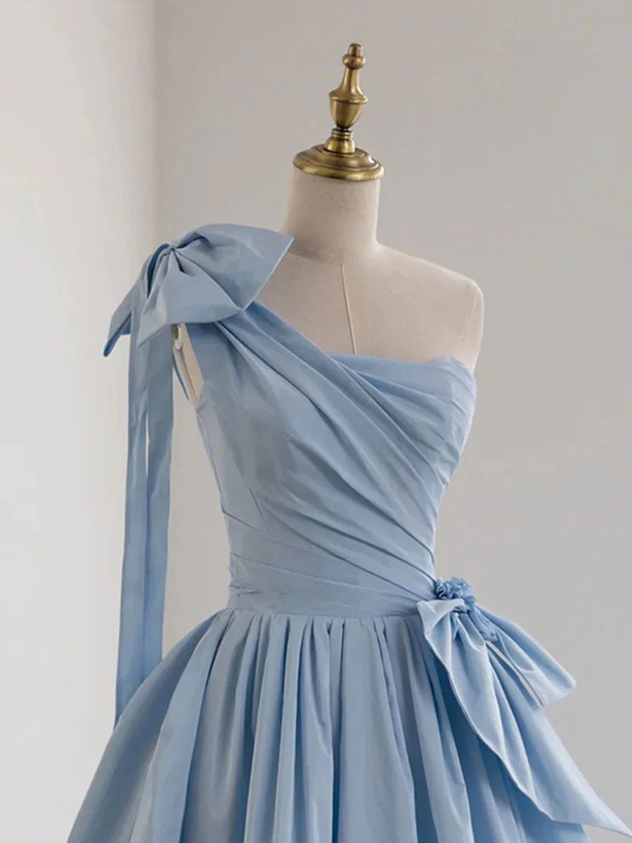 Vestido de fiesta largo azul de satén con un solo hombro y corte en A, vestido de noche formal azul ED0709