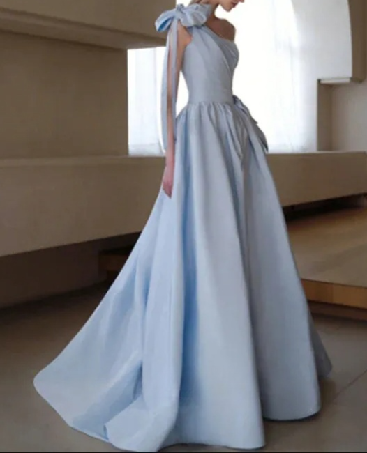 Vestido de fiesta largo azul de satén con un solo hombro y corte en A, vestido de noche formal azul ED0709