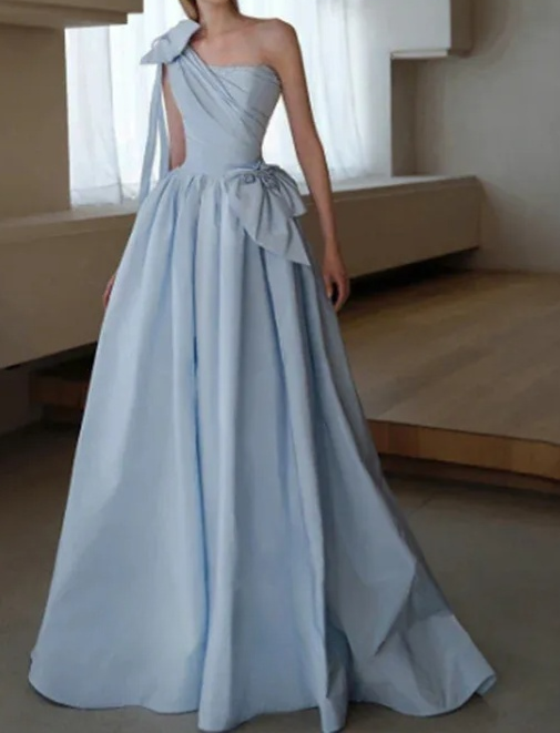 Vestido de fiesta largo azul de satén con un solo hombro y corte en A, vestido de noche formal azul ED0709