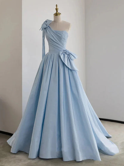 Vestido de fiesta largo azul de satén con un solo hombro y corte en A, vestido de noche formal azul ED0709