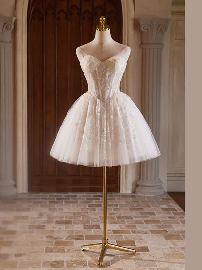 Vestido de fiesta corto con escote en forma de A, tul, encaje, color champán claro ED071