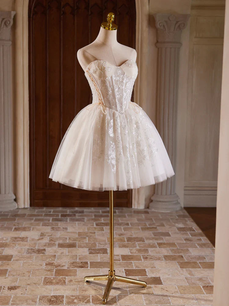 Vestido de fiesta corto con escote en forma de A, tul, encaje, color champán claro ED071
