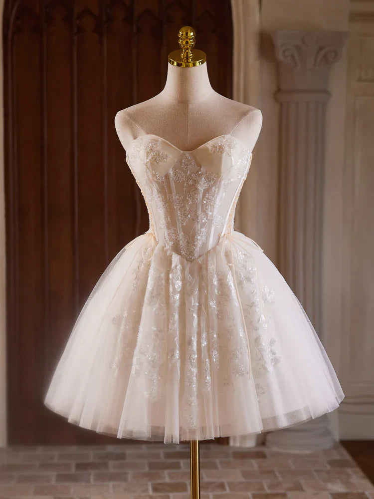 Vestido de fiesta corto con escote en forma de A, tul, encaje, color champán claro ED071