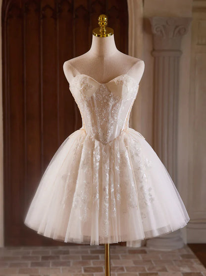Vestido de fiesta corto con escote en forma de A, tul, encaje, color champán claro ED071