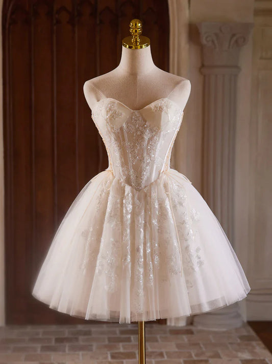 Vestido de fiesta corto con escote en forma de A, tul, encaje, color champán claro ED071