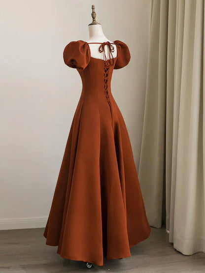 Vestido de fiesta largo de satén con mangas abullonadas y corte en A, vestidos de noche largos ED0711