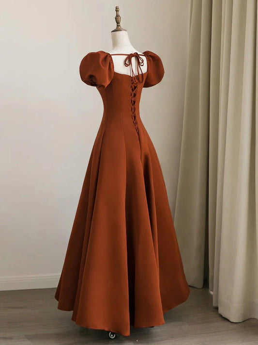 Vestido de fiesta largo de satén con mangas abullonadas y corte en A, vestidos de noche largos ED0711