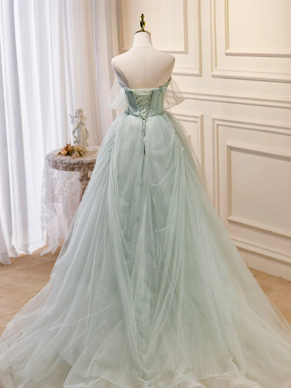 Vestido de fiesta largo de tul verde con lentejuelas y hombros descubiertos, corte A, vestido formal verde ED0712