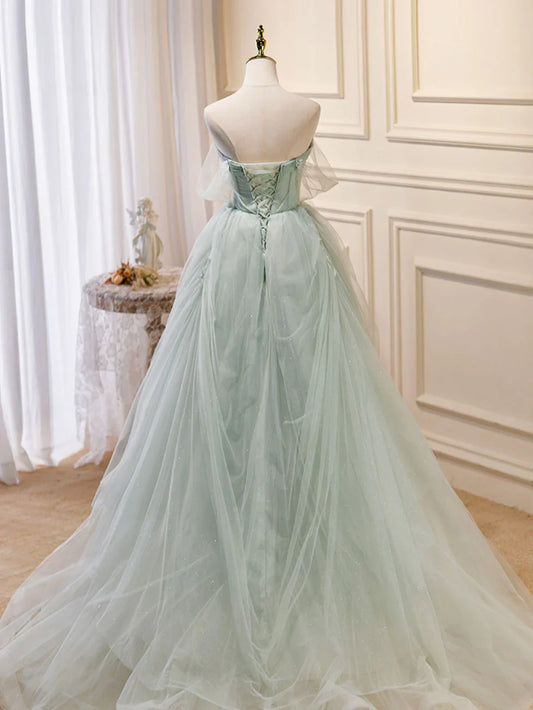 Vestido de fiesta largo de tul verde con lentejuelas y hombros descubiertos, corte A, vestido formal verde ED0712