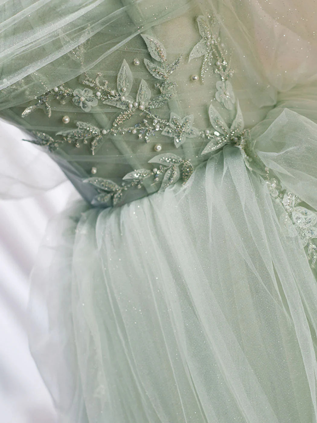 Vestido de fiesta largo de tul verde con lentejuelas y hombros descubiertos, corte A, vestido formal verde ED0712