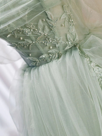 Vestido de fiesta largo de tul verde con lentejuelas y hombros descubiertos, corte A, vestido formal verde ED0712