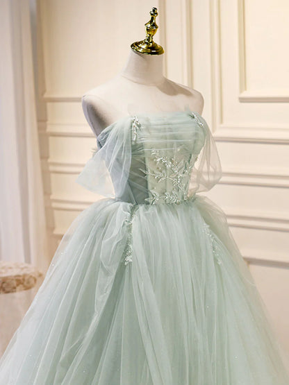 Vestido de fiesta largo de tul verde con lentejuelas y hombros descubiertos, corte A, vestido formal verde ED0712